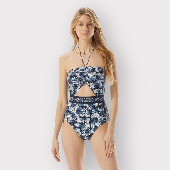 Michael Kors NEW One-Piece Cut-Out Bathing Suit Womens sz 8 Swim Palm Print Blue - Picture 1 of 8